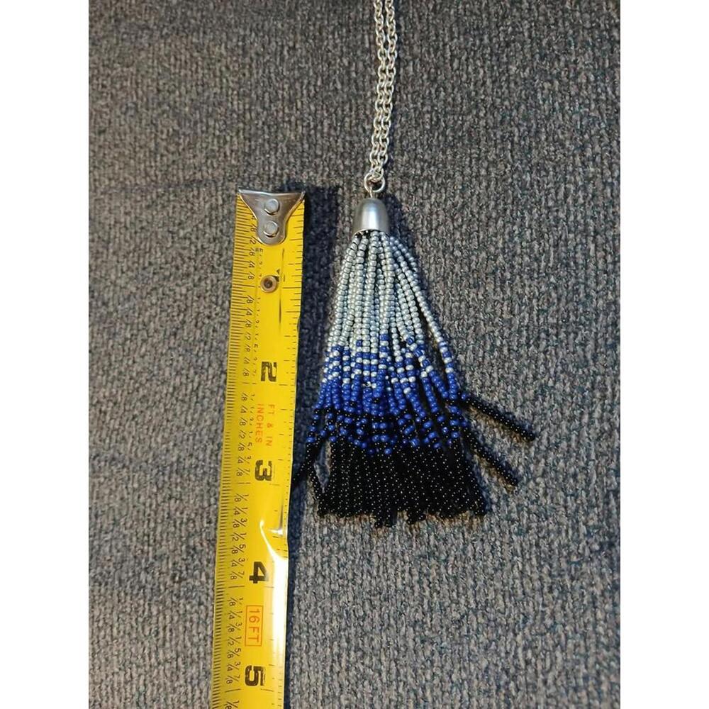 Tassel Necklace Blue Silver Tone Black Ombre Beaded Long Chain 28-30" - Picture 5 of 6
